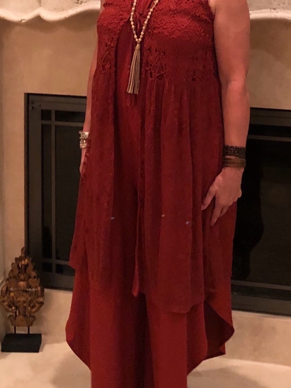 Cato Rust-Orange Halter Wide-Leg Jumpsuit with crochet & lace long vest